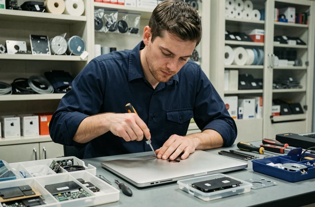 Technicien de Micro Service Angers ouvrant un MacBook Pro pour réparation