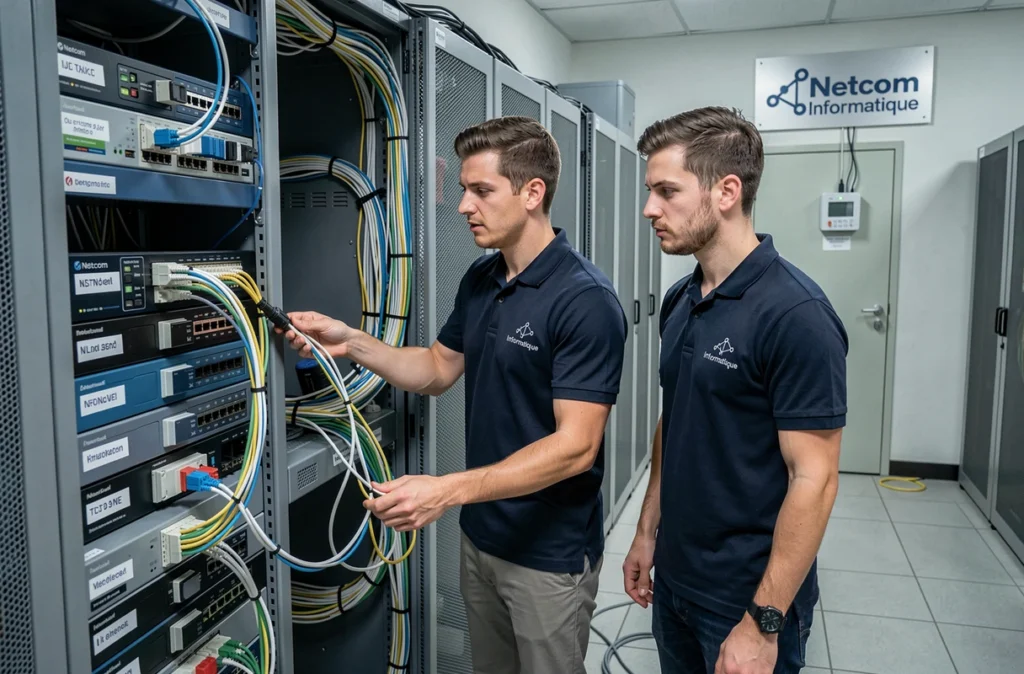 Techniciens de Netcom Informatique installant une baie réseau dans la salle serveur d'une petite entreprise
