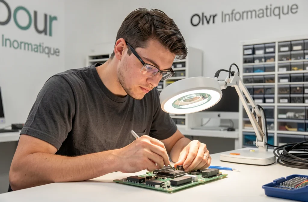 Technicien d'Olvr Informatique effectuant une soudure sur une carte mère dans un atelier minimaliste