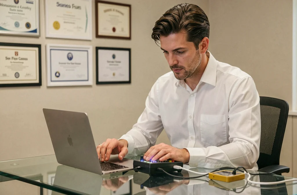 Technicien de Premium SAS inspectant un MacBook Pro dans un bureau de service haut de gamme