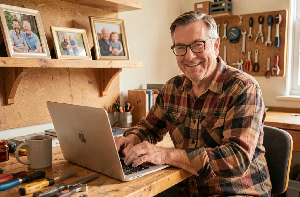 Réparateur de Repair by Dad travaillant sur un ordinateur portable dans un atelier à domicile chaleureux