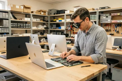 Atelier de réparation Mac dans les Pays de la Loire avec un technicien travaillant sur des appareils Apple