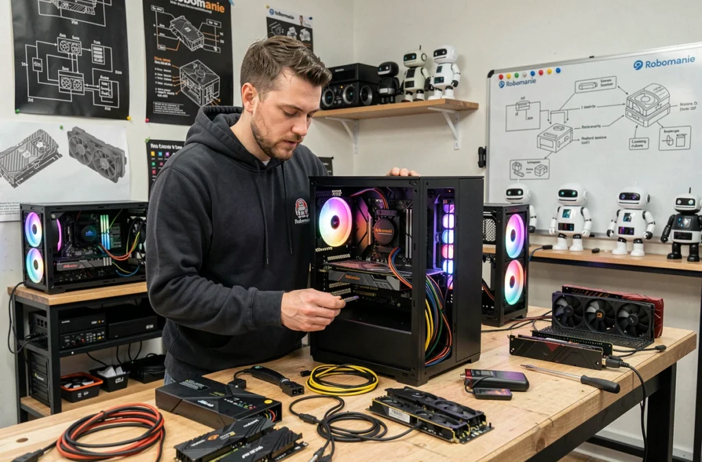 Technicien de Robomanie assemblant un PC personnalisé dans un atelier à l'ambiance geek et créative