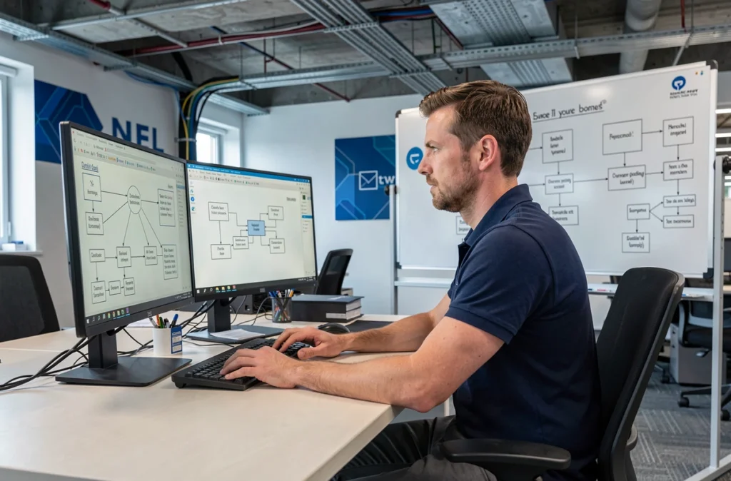 Ingénieur informatique de SII Est travaillant sur des schémas d'architecture système dans un bureau moderne