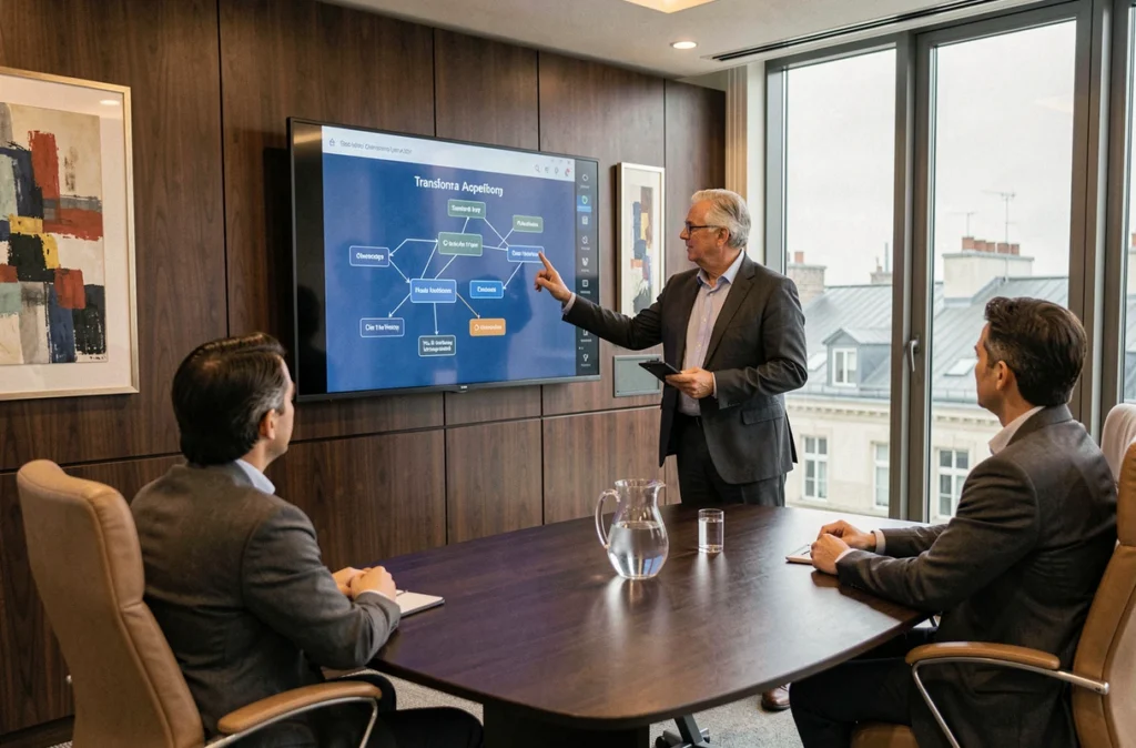 Architecte IT senior de Sopra Steria présentant une feuille de route de transformation numérique en salle de réunion