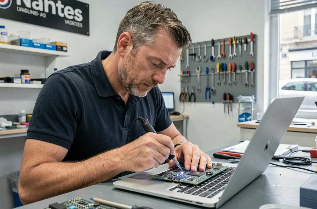 Technicien de SOS Informatique 44 réparant un MacBook à Nantes