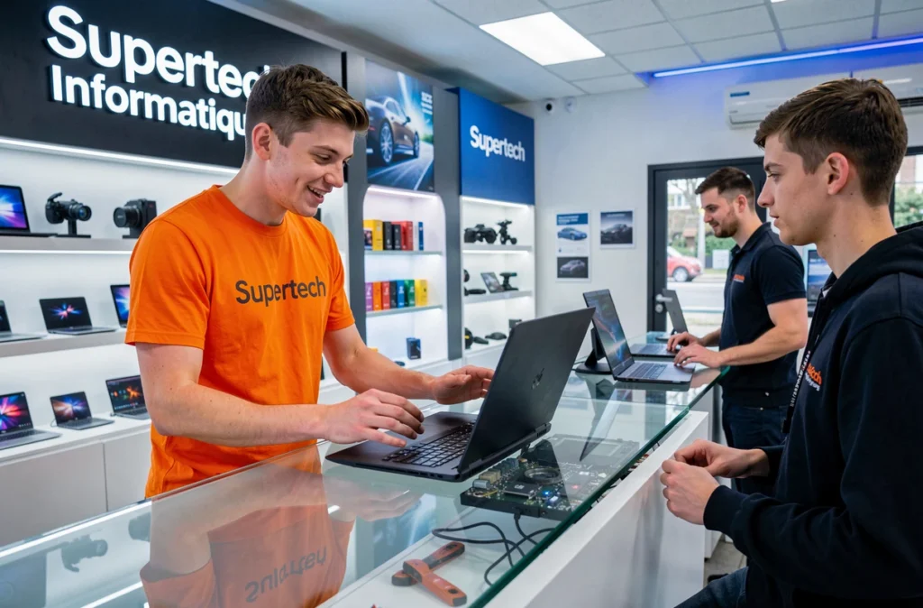 Technicien de Supertech Informatique présentant un ordinateur réparé à un client dans une boutique moderne