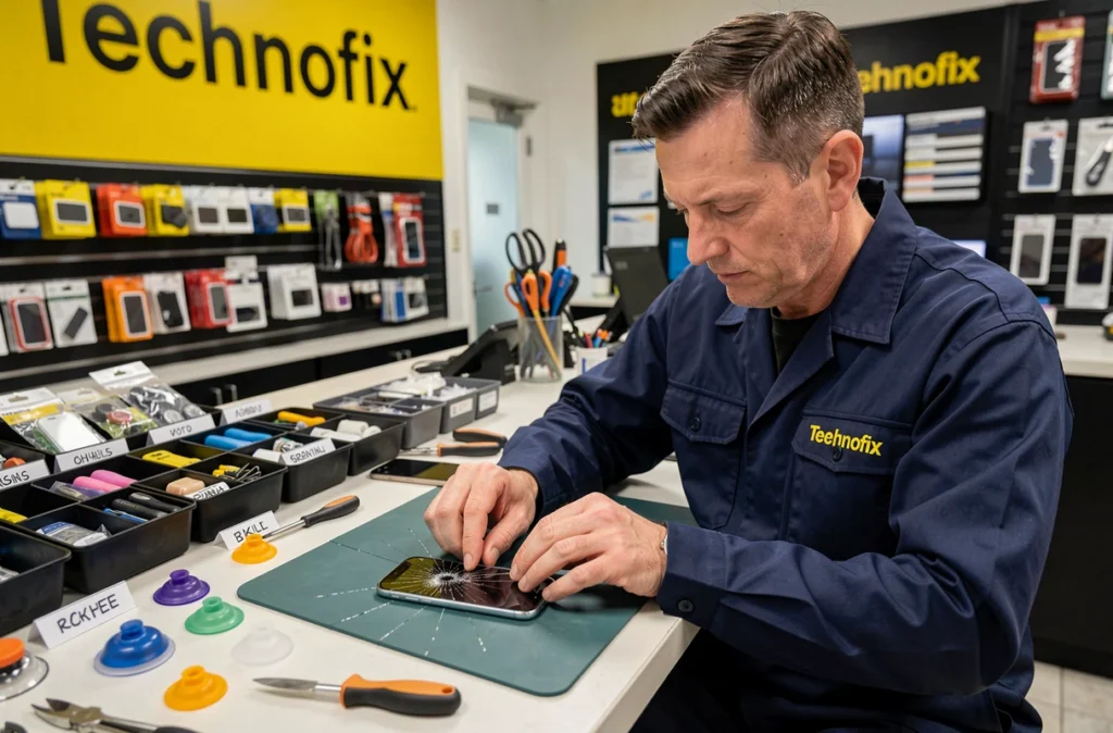 Technicien de Technofix remplaçant l'écran fissuré d'un smartphone sur un plan de travail professionnel