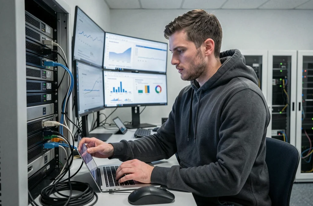 Technicien d'Uplink connectant un MacBook à un serveur de diagnostic réseau