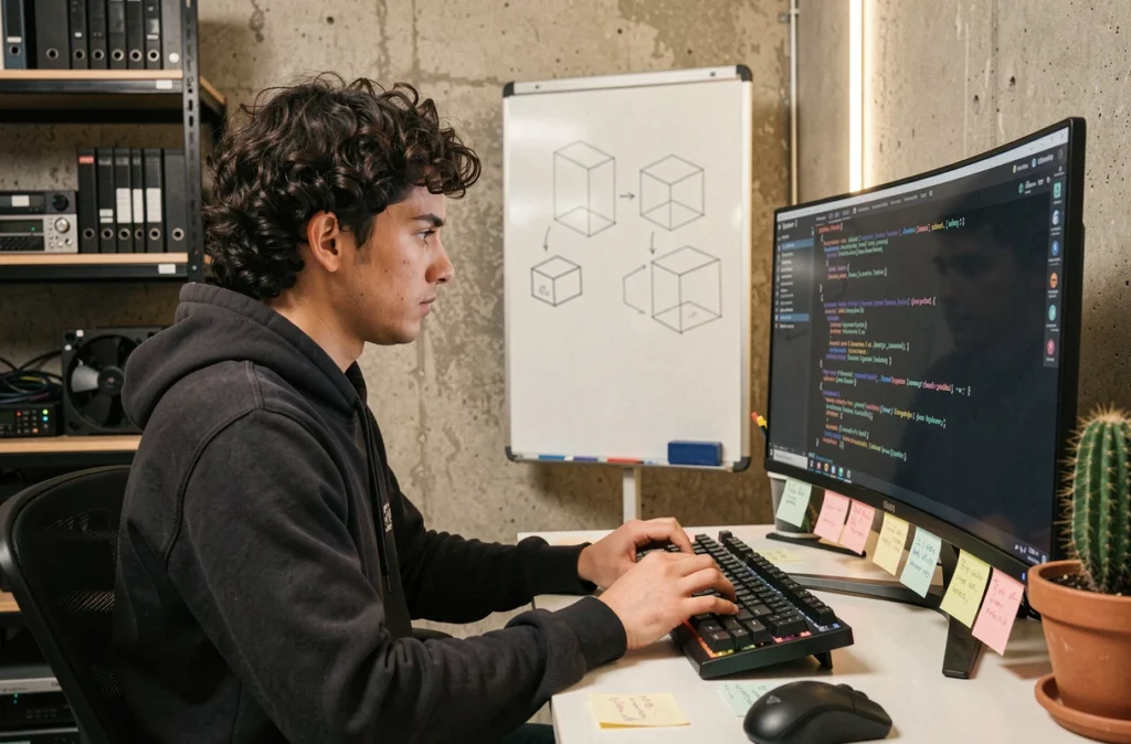 Développeur de Versumind concentré sur l'écriture de code dans un studio tech créatif compact