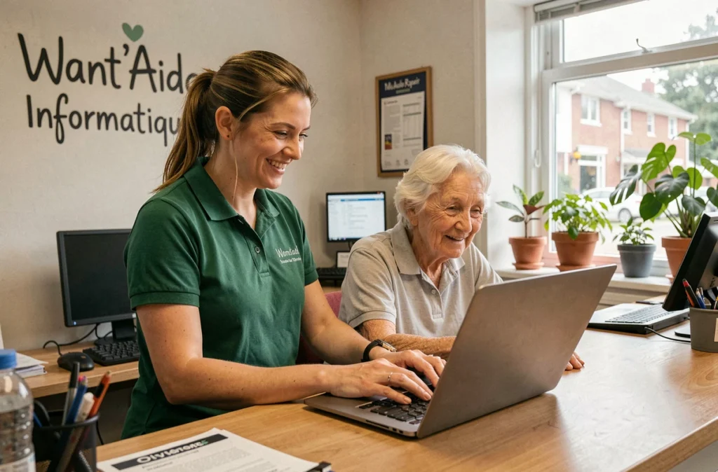 Technicienne de Want'Aide Informatique assistant un client âgé avec son ordinateur portable au comptoir